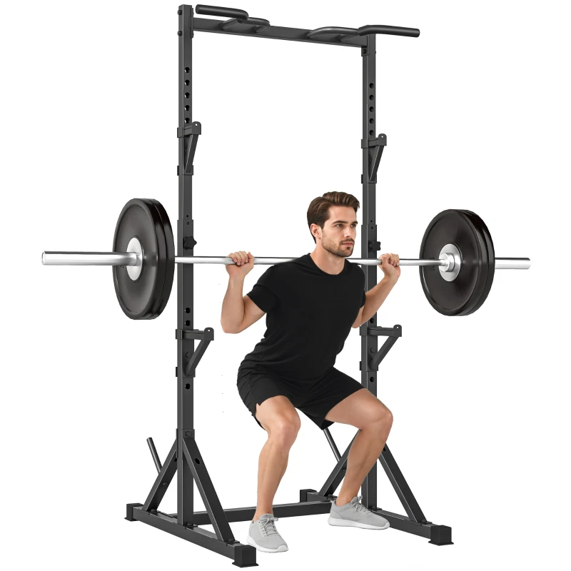SPORTNOW Rack pentru genuflexiuni reglabil cu suport dublu, suport pentru discuri și bară pentru tracțiuni, din oțel, 112-100x201-217 cm, negru
