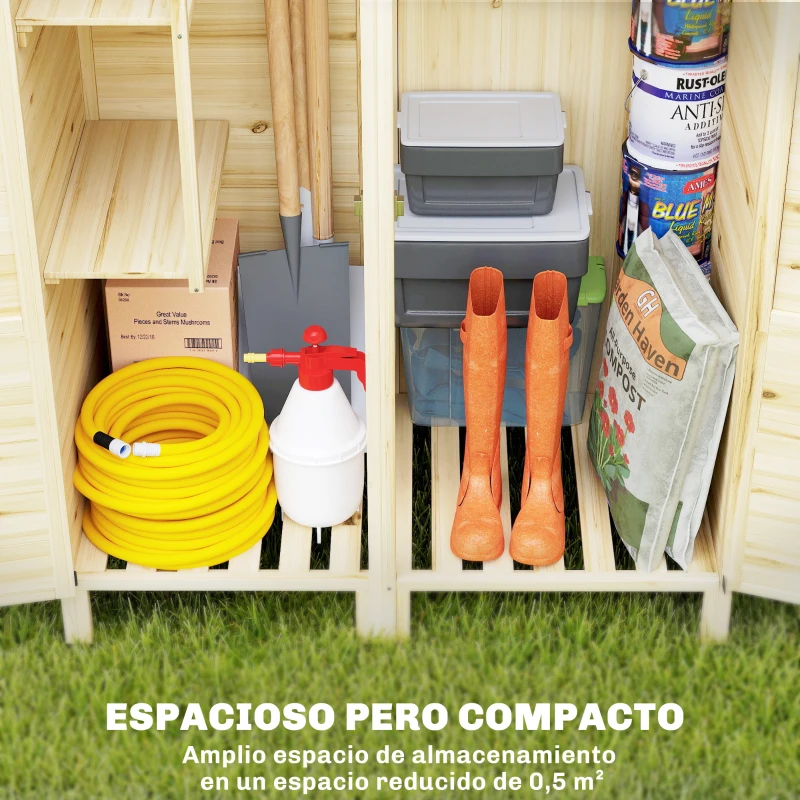 Outsunny Caseta de Jardín de Madera Armario para Herramientas con Estantes Desmontables y Puertas 106x57x167 cm Madera Natural