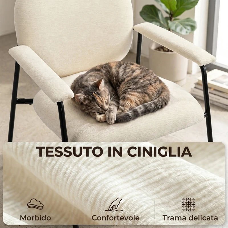 HOMCOM Set 2 Poltrone da Salotto in Ciniglia con Schienale Sagomato, Struttura in Metallo, Crema