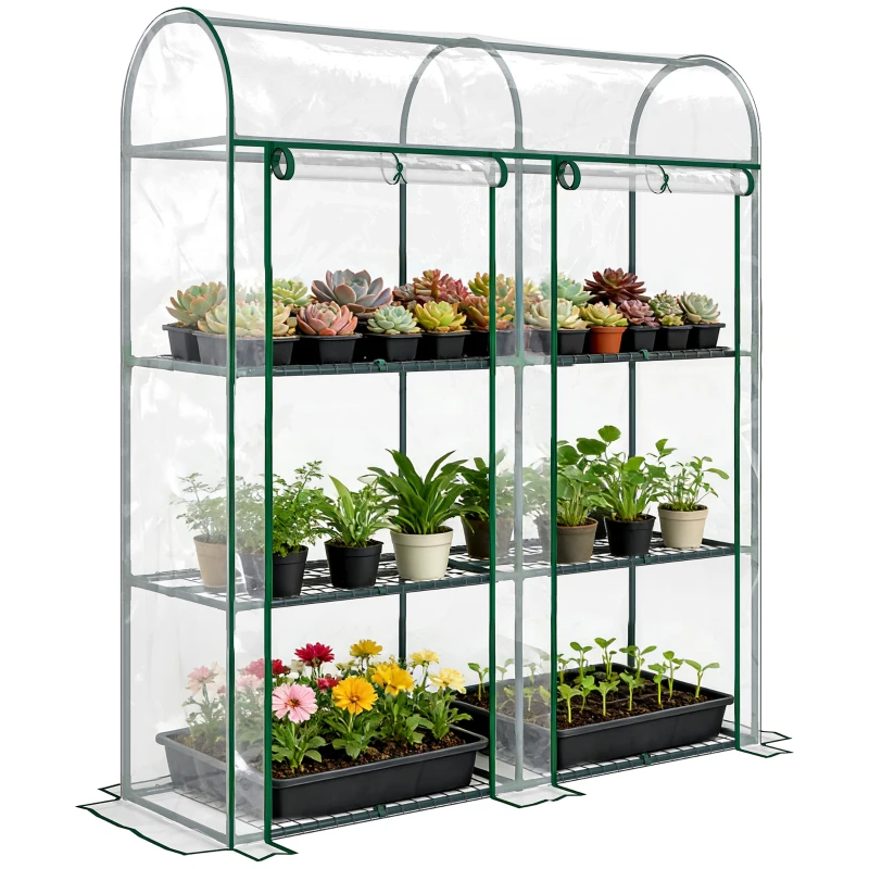 Outsunny Serre de Jardin avec étagères 3 niveaux, Petite Serre en Bâche PVC et Châssis Acier, 2 Portes Roulantes, Transparent