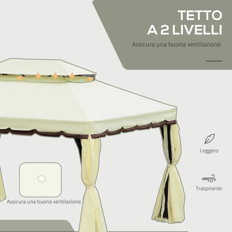 Outsunny Gazebo da Giardino 4x3 m con Zanzariera e Tende, Tetto Doppio e Rivestimento Anti-UV, Crema