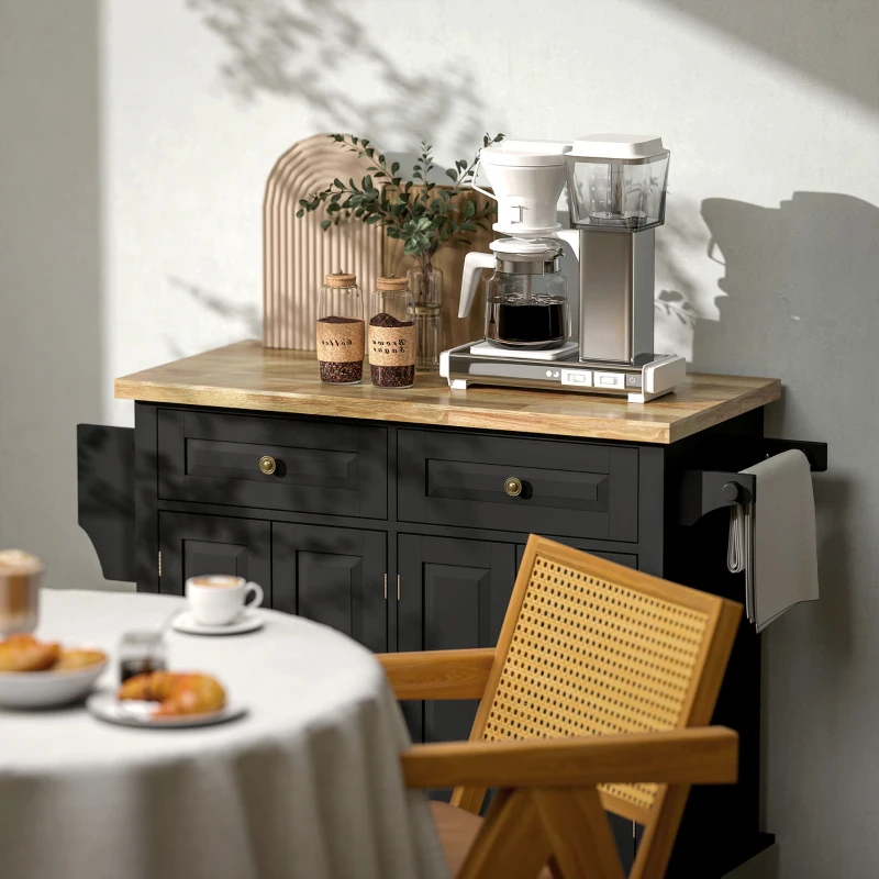 HOMCOM Isla de Cocina con Ruedas Mueble Auxiliar de Cocina con Especiero y Barra Lateral 111x44,5x82,5 cm Negro
