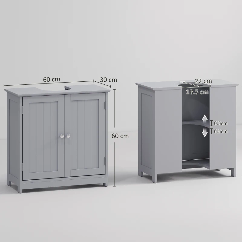 kleankin 60x60cm Under-Sink Storage Cabinet w/ Adjustable Shelf Handles Drain Hole Bathroom Cabinet Space Saver Organizer Grey