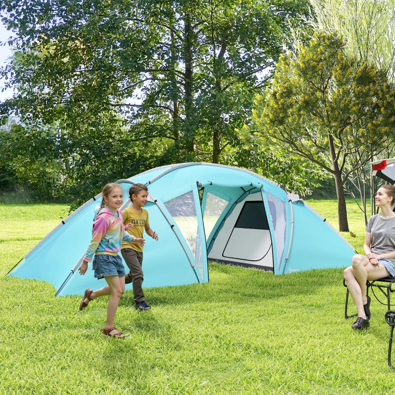 Outsunny 4-6 Man Family Camping Tent w/ 2 Bedrooms and a Living Room, Waterproof Tunnel Tent w/ Sewn In Groundsheet, Doors, Windows, Carry Bag, Blue