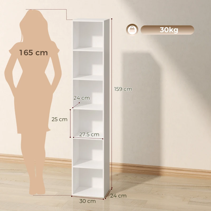 HOMCOM Bibliotecă Autoportantă și care Economisește Spațiu, 30x24x159 cm, Culoare Alb