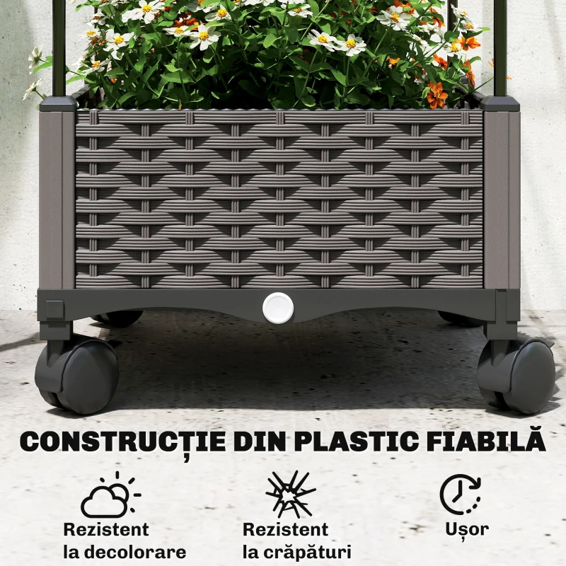 Outsunny Jardinieră Înălțată Autoirigantă din Metal cu Spalier de 185 cm, cu 4 Roți Blocabile pentru Plante Cățărătoare, Recipient cu Găuri de Drenaj pentru Legume și Flori, Negru