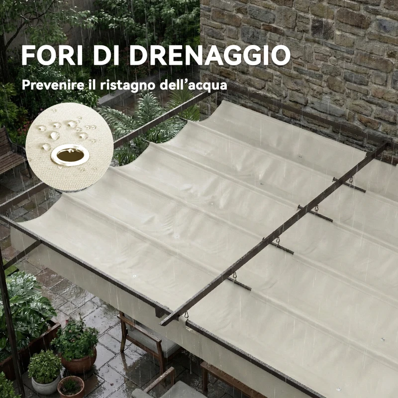 Outsunny Gazebo Pergola Addossata 3x3 m con Tetto Scorrevole e Fori di Drenaggio, Crema