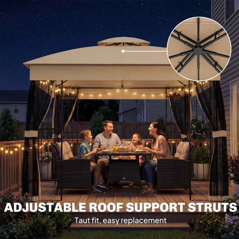 Outsunny 3 x 3 m Outdoor Garden Gazebo with Post Shelves, UPF50+ Double Roof Patio Permanent Pavilion, Brown