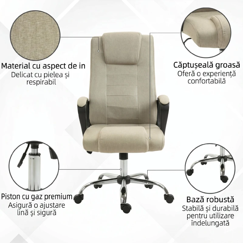 Vinsetto Scaun de Birou Ergonomic, Rotativ și Înclinabil, din Țesătură cu Aspect de In, cu Tetieră, Bej