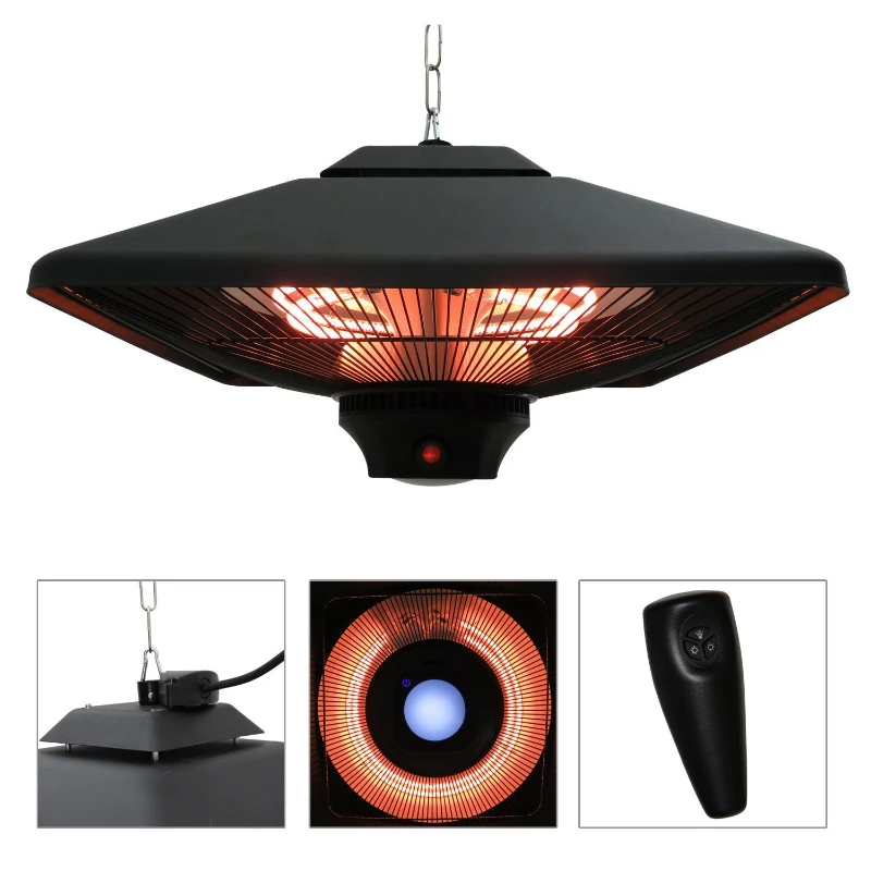 Outsunny Calefactor Exterior 1000/2000W Estufa Colgante de Techo Infrarrojos Halógeno con Control Remoto y Luz LED 43x43x25 cm Negro