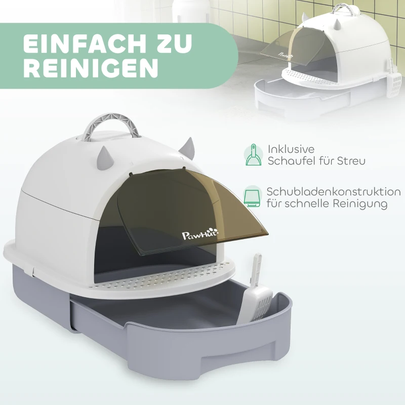 PawHut Kattenbak met deksel – Kattenbak met schep, ladebodem en anti-lekrooster voor katten tot 5 kg – 40,5 x 52 x 39 cm – Grijs