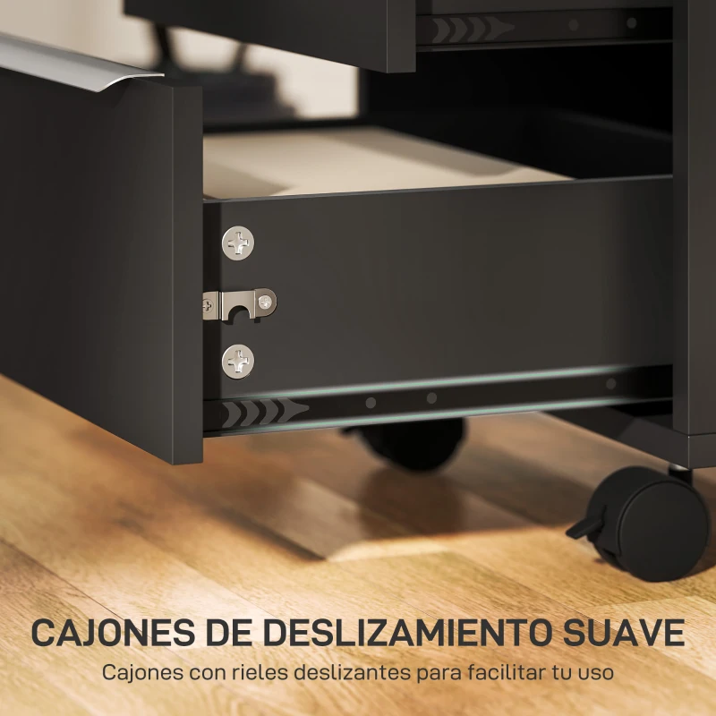 HOMCOM Cajonera de Escritorio con 3 Cajones Ruedas Cerradura y 2 Llaves para Estudio Salón 40x40x63,5 cm Negro