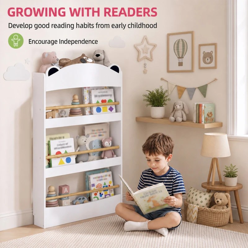 AIYAPLAY Bibliothèque Murale Enfant à 4 Niveaux, Étagère à Livre 3-8 Ans, Meuble de Rangement pour Salle de Jeux, Salon, Blanc