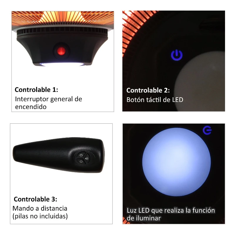 Outsunny Calefactor Exterior 1000/2000W Estufa Colgante de Techo Infrarrojos Halógeno con Control Remoto y Luz LED 43x43x25 cm Negro
