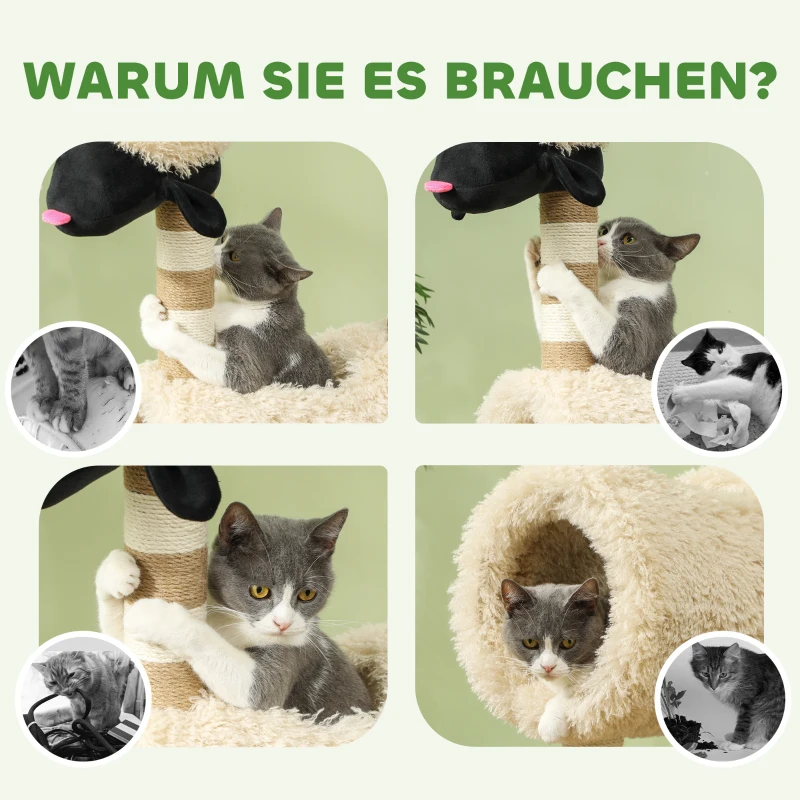 PawHut Krabpaal in Schapendesign, met Krabpalen, Tunnel en Speelgoed, 98 cm, Lichtbruin(m-6)