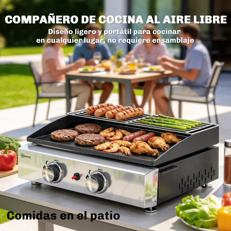 Outsunny Barbacoa de Gas con 2 Quemadores 5 kW Barbacoa Portátil con Plancha Rejilla Calentadora y Recogedor Grasa Negro
