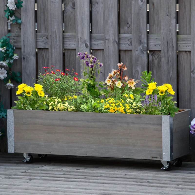 Outsunny Fioriera Rettangolare in Legno di Abete con Ruote e Freno, 96x30.6x30 cm, Grigio