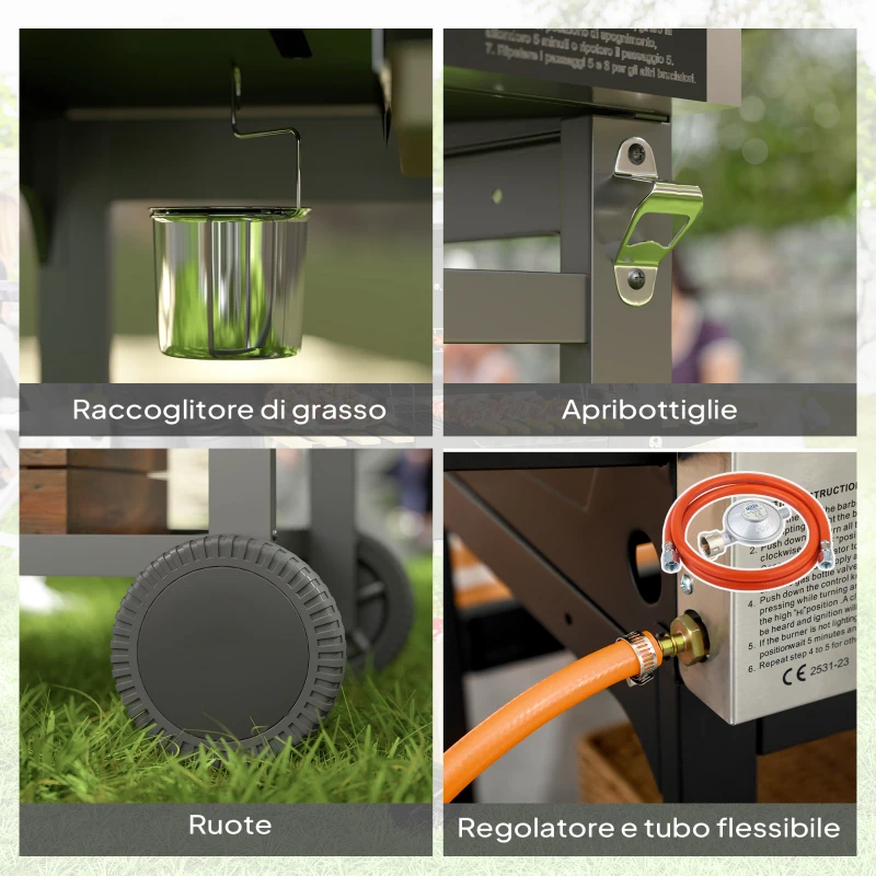 Outsunny Barbecue a Gas con Piastra e Fornello, Coperchio con Termometro e Ripiani, Regolatore e Tubo Inclusi, Nero