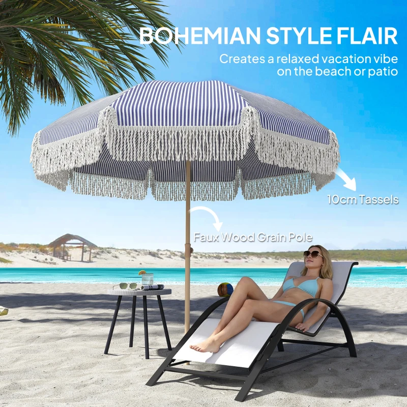 Outsunny 1.7 m Beach Umbrella with Sand Anchor, 30° Tilting Fringed Beach Garden Parasol with Adjustable Height, Blue