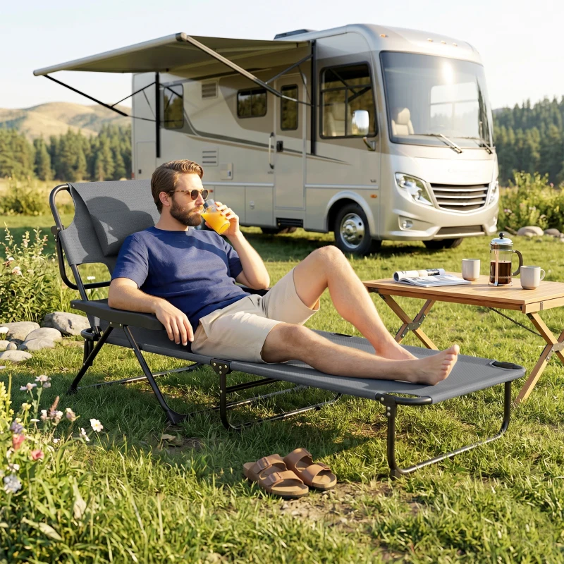 Outsunny Espreguiçadeira Dobrável Encosto Ajustável Orifício de Leitura Almofada de Apoio e Braços Carga 120 kg 145x72x89 cm Cinzento Escuro