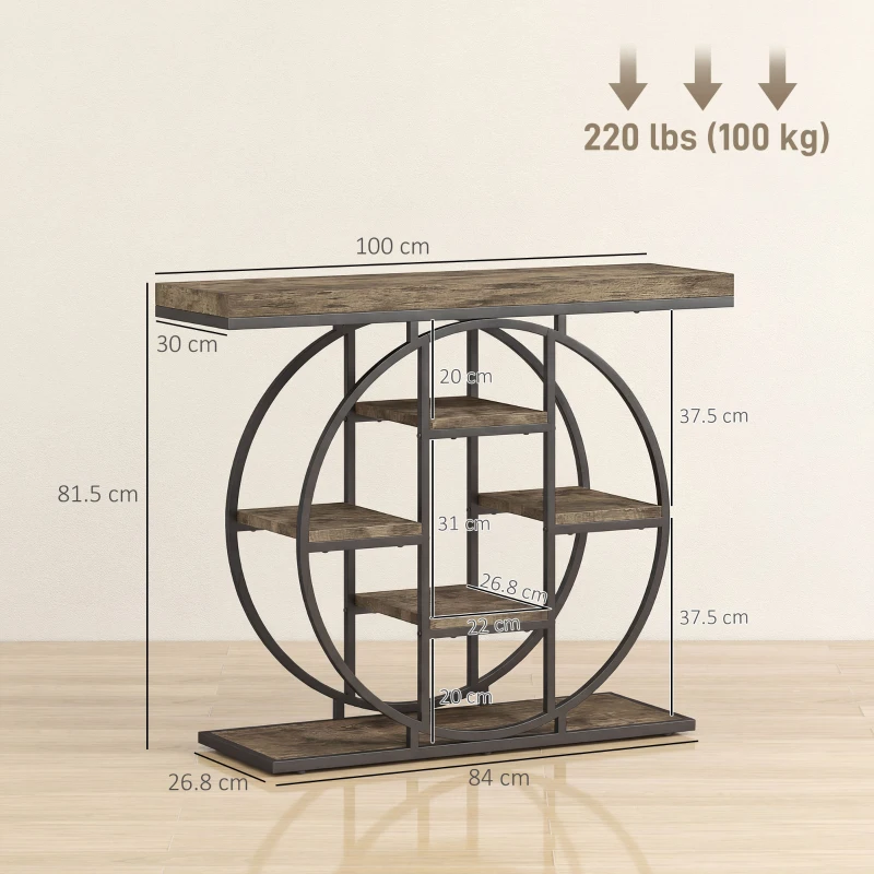 HOMCOM Masă consolă industrială cu rafturi și cadru circular din oțel, 100 x 30 x 81,5 cm, maro rustic