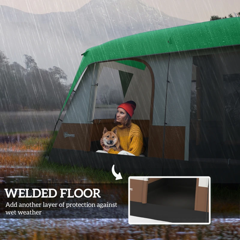 Outsunny Six-Man Camping Tent, with Small Rainfly and Accessories - Green