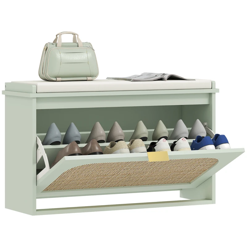 HOMCOM Banc à chaussures, banc de rangement, assise rembourrée, tiroir rabattable, porte en rotin, 80 x 26 x 47,5 cm, vert
