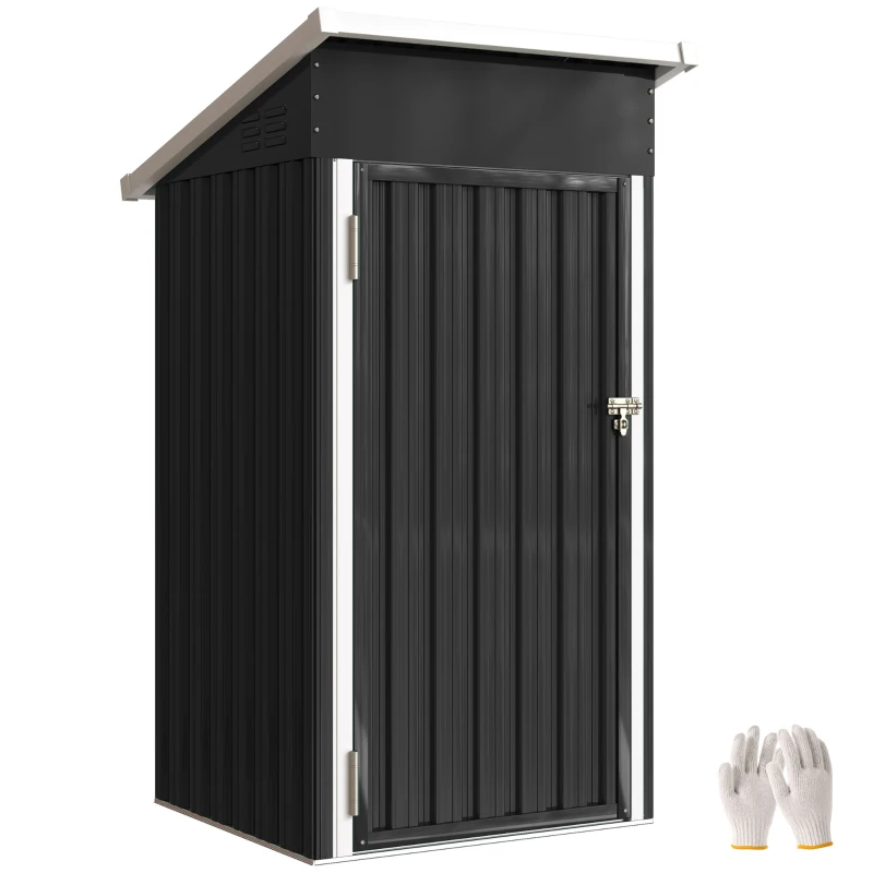 Outsunny Magazie de Grădină 0,74m² din Oțel Galvanizat cu Guri de Aerisire, Magazie cu Ușă Blocabilă, Acoperiș Înclinat, Mănuși, Depozitare Unelte, 107,5x91x185 cm, Gri Închis
