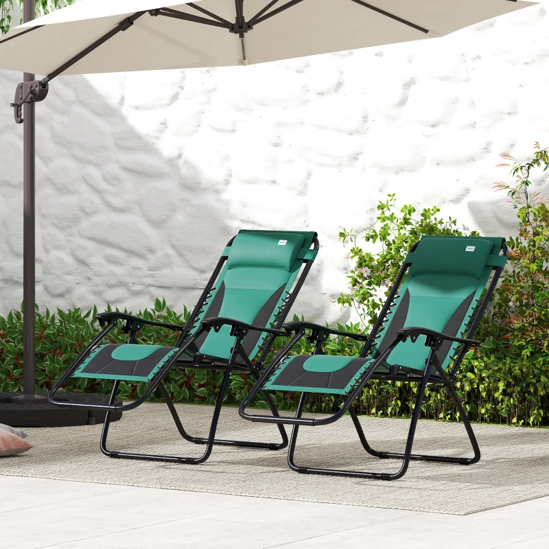 Outsunny Zero Gravity Lounger Chair Set of 2, Folding Reclining Patio Chair with Padded Seat, Cup Holder, Soft Cushion and Headrest for Poolside, Camping, Green