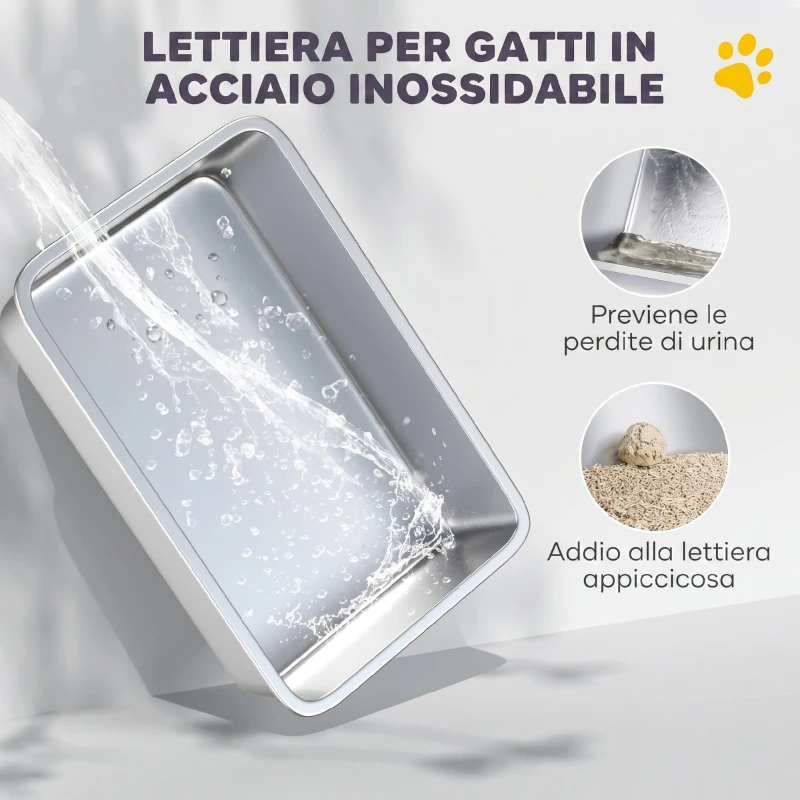 PawHut Lettiera Gatto Chiusa XL in Acciaio Inox con Coperchio, Paletta, Tappetino di Raccolta, Grigio Scuro