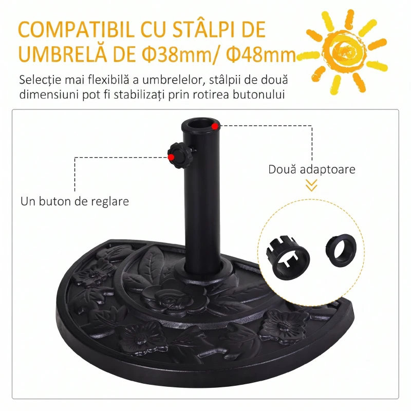 Bază Outsunny pentru Umbrelă Semicirculară de Ø3.8 și Ø4.8 mm din Rășină cu Manivelă, 50x31x32 cm, Negru