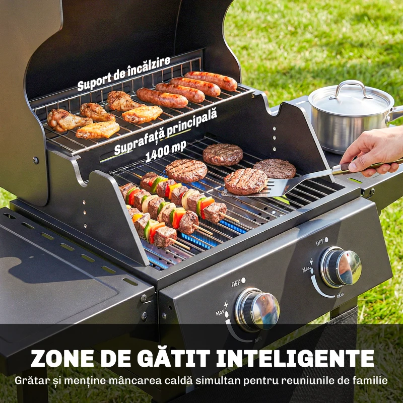 Outsunny Grătar pe Gaz cu 2 Arzătoare și Rafturi Pliabile, Negru