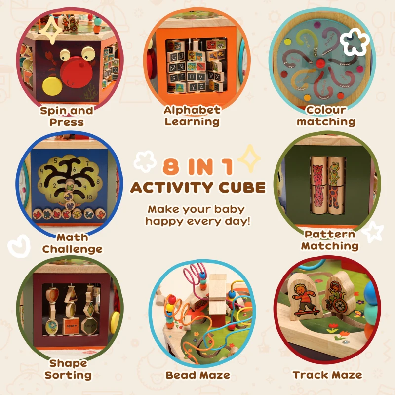 AIYAPLAY 8 in 1 Wooden Activity Cube with Bead Maze, Shape Sorter, for Kids Boys Girls 18+ Months