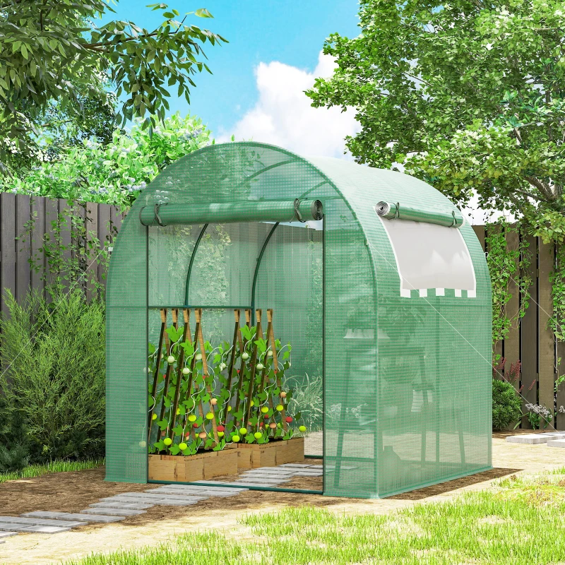 Outsunny Serre tunnel de jardin 3,24m², serre de jardin tunnel porte et fenêtre enroulables, bâche PE, 180 x 180 x 200 cm, verte