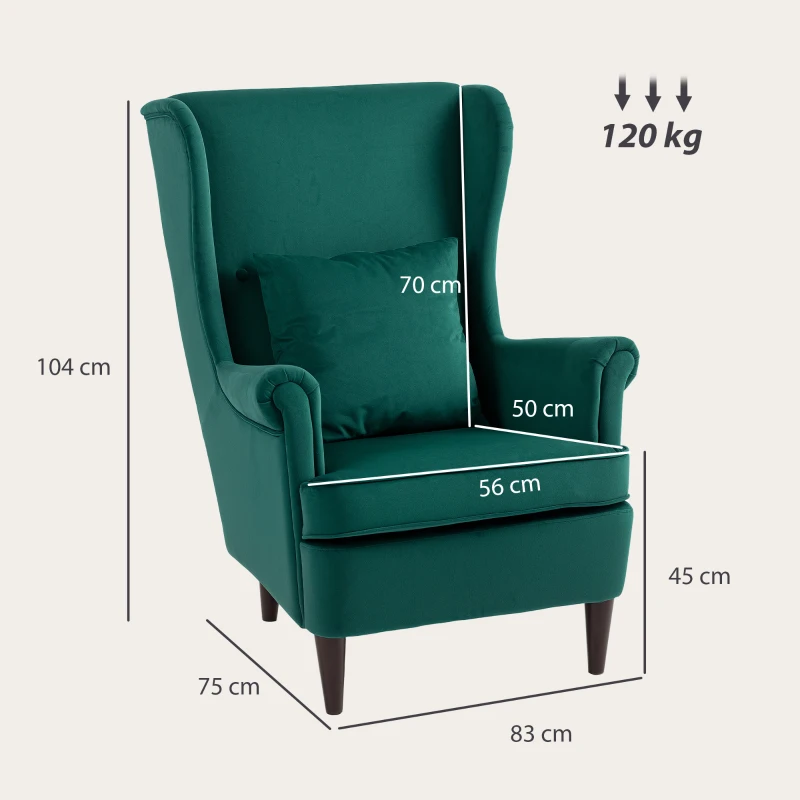 HOMCOM Modern Accent Chair with High Backrest and Pillow, Velvet-Feel Fabric Reading Chair with Solid Wood Legs, Green