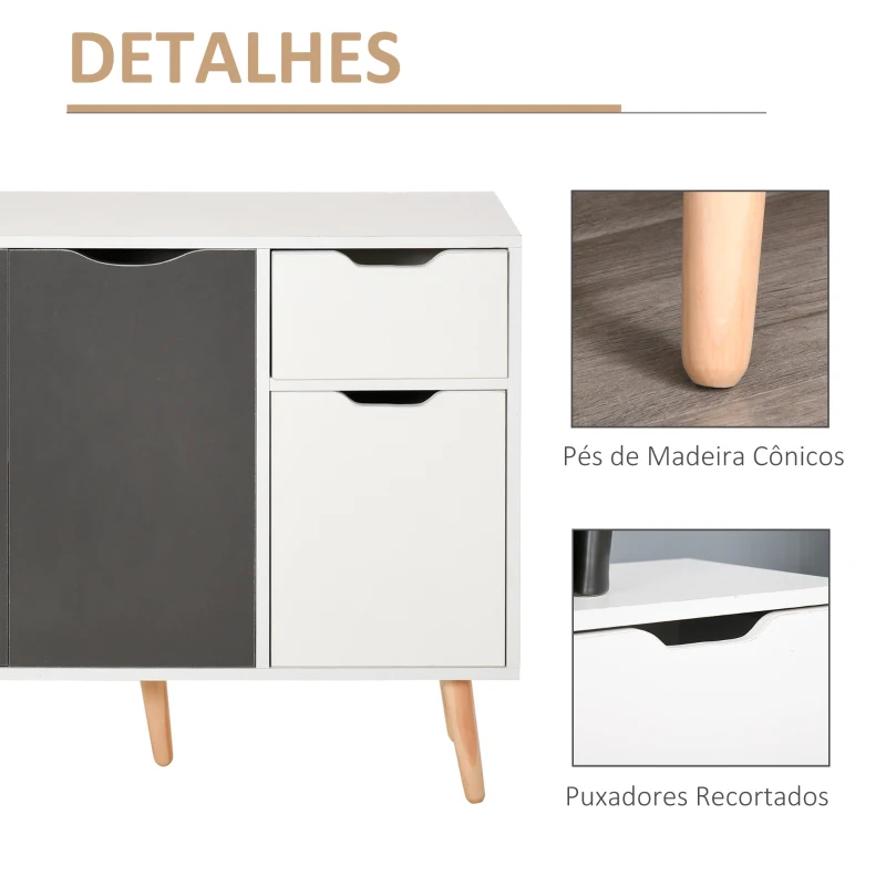 HOMCOM Aparador Móvel Auxiliar de Armazenamento com 2 Armários de Porta Gaveta Pés de Madeira 90x30x72 cm Cinza e Branco