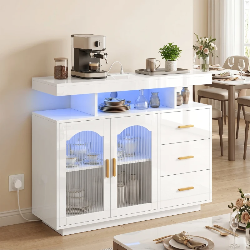 HOMCOM High Gloss Sideboard with LED Lights, Built-in Power Outlets, 3 Drawers, Shelves and 2 Acrylic Doors, White
