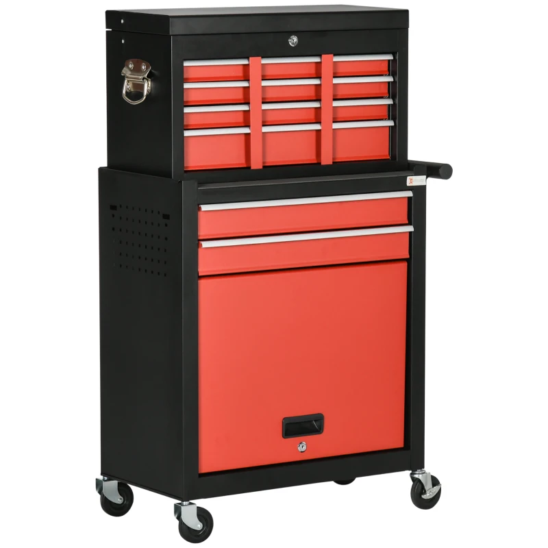 DURHAND Carro de Ferramentas com Rodas 6 Gavetas Armário de Armazenamento com Fechadura e Alça Lateral 70x33x108cm Preto e Vermelho