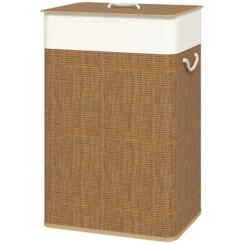 HOMCOM Panier à linge 72 L, corbeille à linge sale en bambou avec couvercle, poignées en corde, doublure amovible, marron