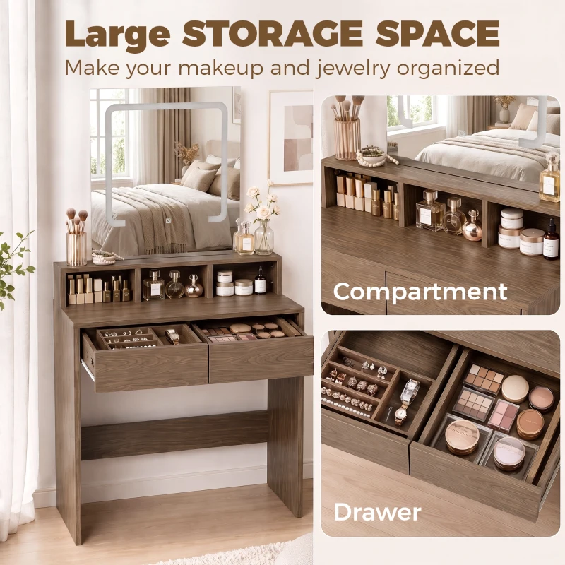 HOMCOM Vanity Table, Dressing Table with Mirror, LED Lights, 2 Drawers, 3 Compartments, 3 Colour Lighting, Walnut