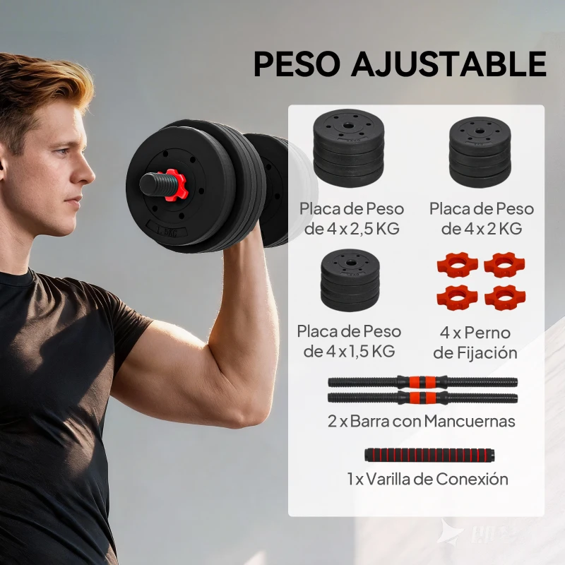 HOMCOM Juego de Mancuernas de 25 kg 4 en 1 de Dumbbell con Barras Conexión y Barra de Extensión Entrenamiento de Fuerza y Levantamiento de Pesas Negro
