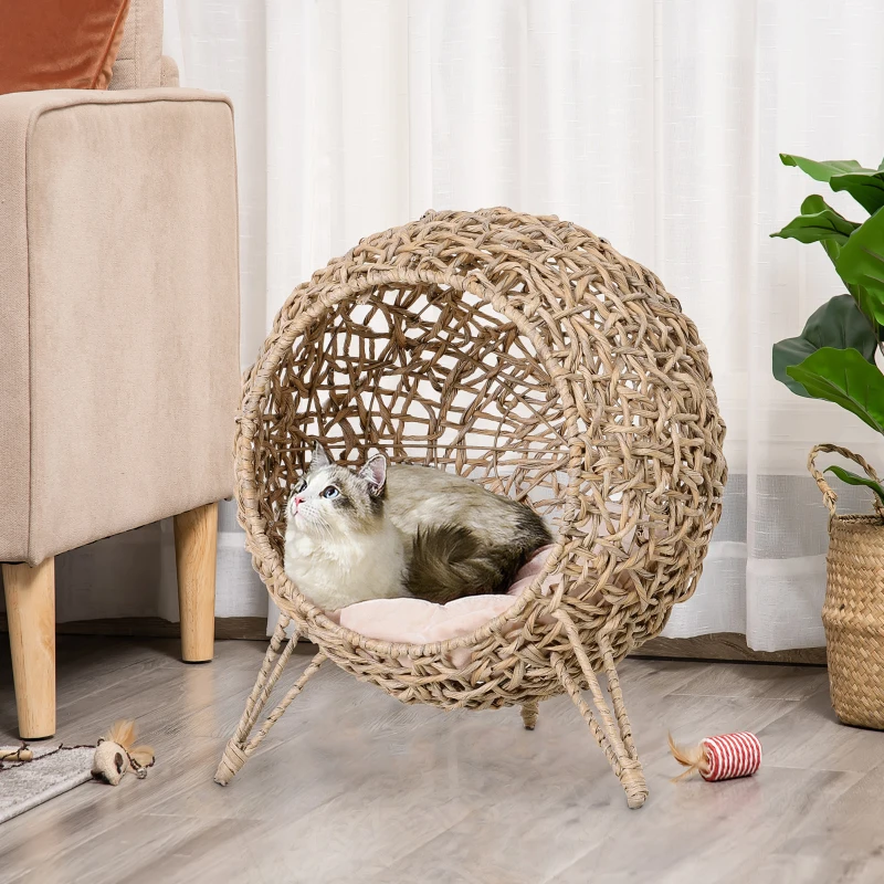 PawHut Wicker Cat Bed, Ball-Shaped Rattan Elevated Cat Basket with Three Tripod Legs, Cushion - Natural Wood Finish