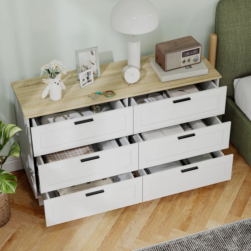 HOMCOM Cómoda Dormitorio con 6 Cajones Patas de Madera para Salón Oficina 120x38x71 cm Blanco