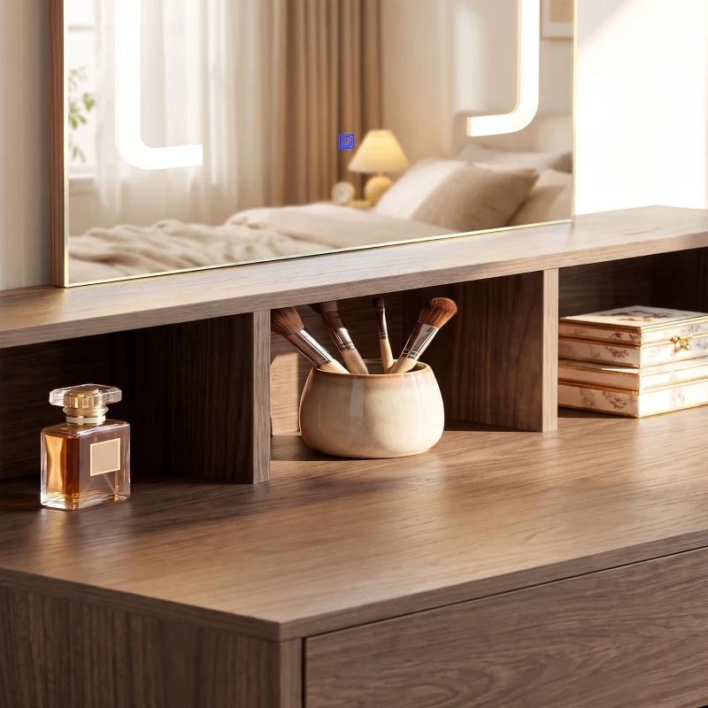 HOMCOM Vanity Table, Dressing Table with Mirror, LED Lights, 2 Drawers, 3 Compartments, 3 Colour Lighting, Walnut