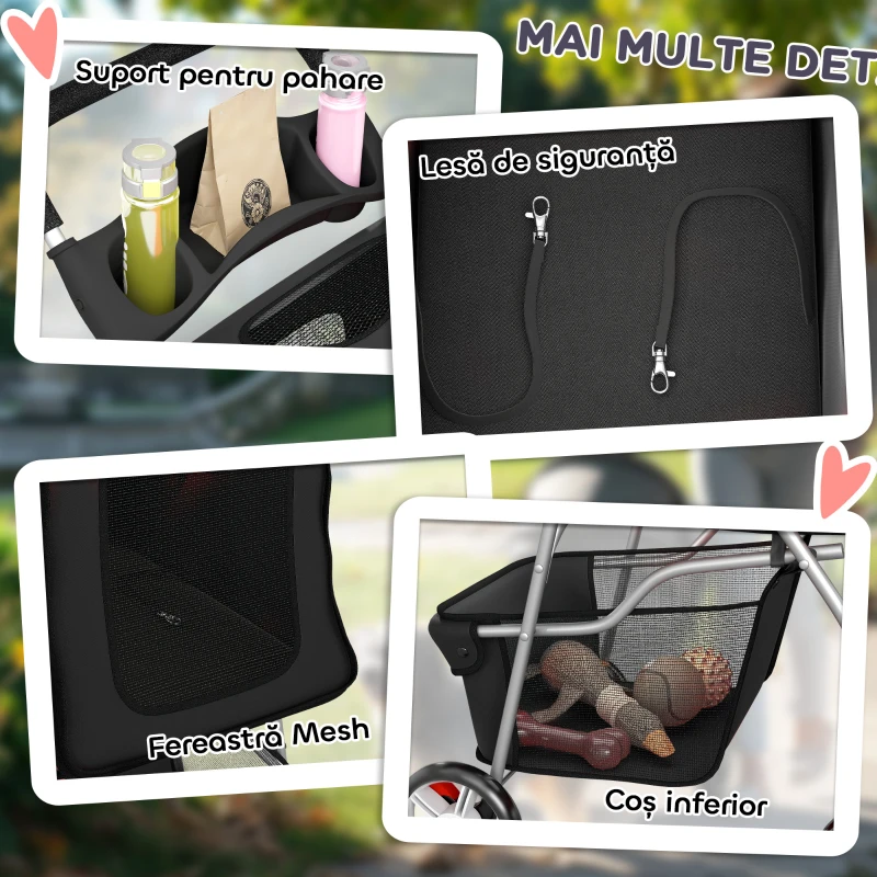 PawHut Cărucior Pliabil pentru Câini, cu Coș și Suport pentru Pahare, Greutate Max. 10 kg, 77x44x102 cm, Negru