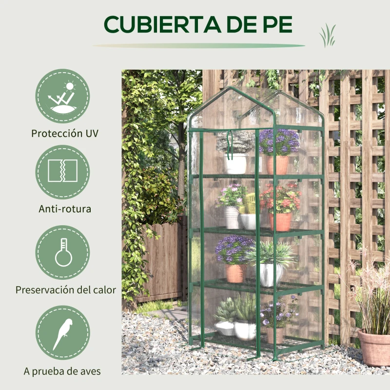 Outsunny Invernadero de Exterior con 4 Estantes, Invernadero Pequeño con Puerta Enrollable, Marco de Acero y Cubierta de Plástico, Anti-UV para Plantas, Macetas, Flores, 70x50x160 cm, Transparente