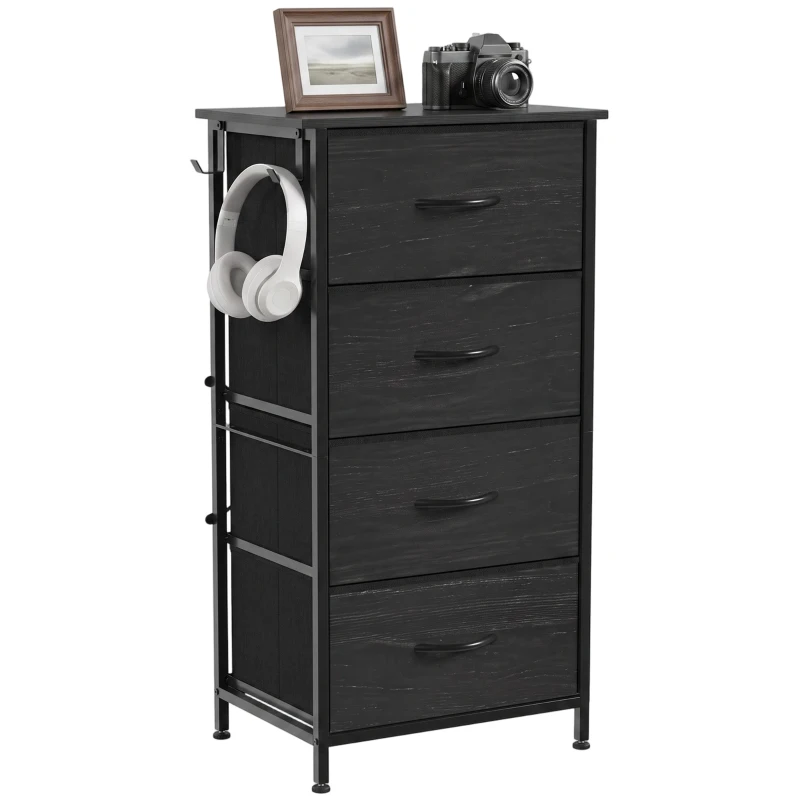 HOMCOM Chest of Drawers, Dresser with 4 Fabric Drawers, Tall Storage Unit with 4 Pockets and 2 Hooks, Steel Frame, Black
