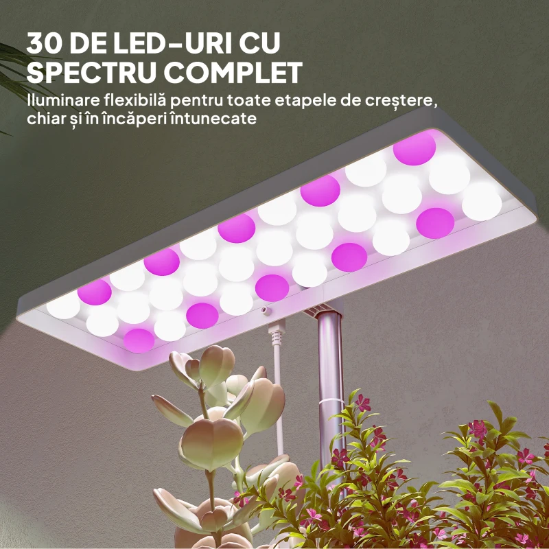 Outsunny Lămpi pentru Plante cu 30 de Lumini LED, 3 Ghivece, Temporizator și Iluminare Reglabilă, 31,8x13,4x18,6-35,6 cm, Alb
