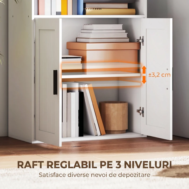HOMCOM Bibliotecă cu rafturi deschise și dulap cu 2 uși, cu poliță internă reglabilă, 60x30x145.5 cm, alb