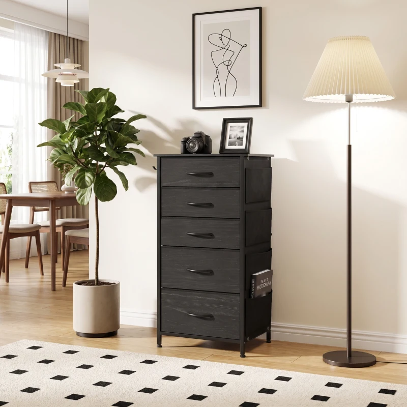 HOMCOM Chest of Drawers, Dresser with 5 Fabric Drawers, Tall Storage Unit with 4 Pockets and 2 Hooks, Steel Frame, Black